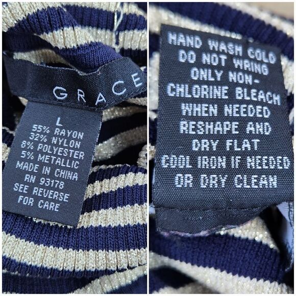 ☔️🔺️Grace Metallic Gold & Blue Striped Turtleneck Sleeveless Top Large - Picture 9 of 9